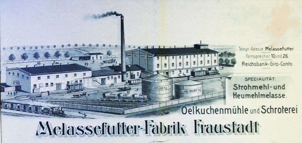 Rycina czarno-biała. Fabryka melasy Fraustadt (Wschowa)