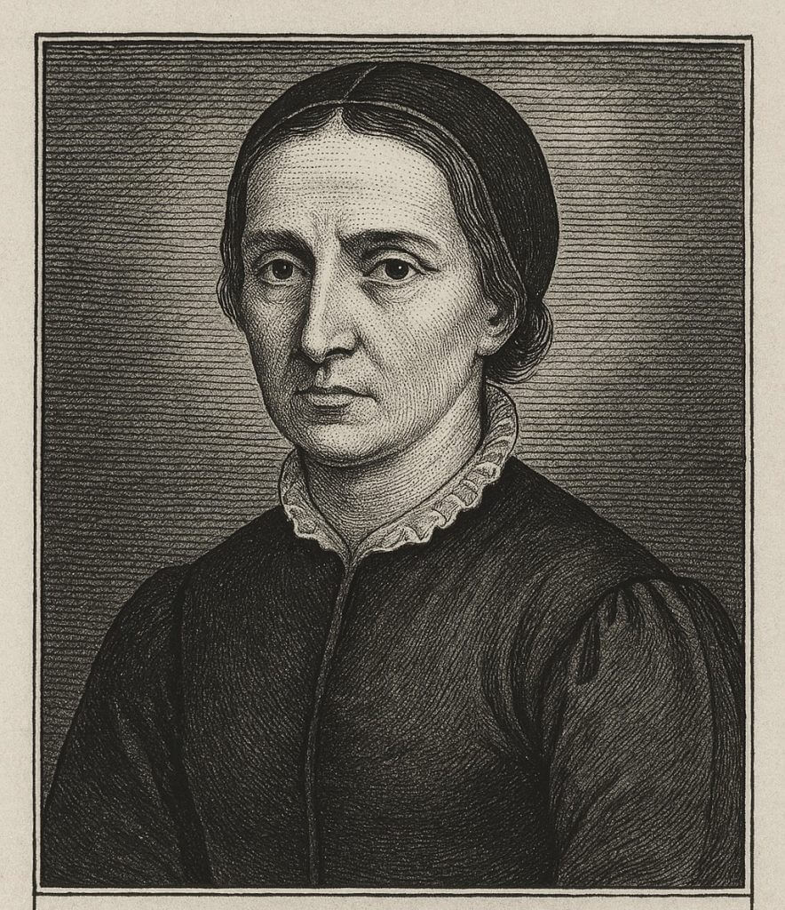 Rycina czarnobiała przedstawiająca kobietę w stroju z siedemnastego wieku – długa czarna suknia biały kołnierzyk włosy spięte zakryte czepkiem.