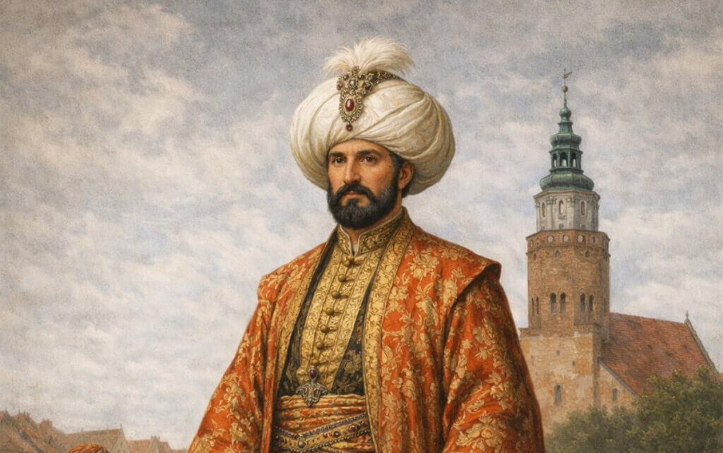 XVIII-wieczny osmański dyplomata ubrany w bogato zdobiony, złoto-czerwony kaftan i biały turban, trzymający zwój dokumentu; w tle widoczna zabudowa miasta oraz wieża ratuszowa, a za nim zgromadzony orszak i mieszkańcy.