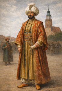 XVIII-wieczny osmański dyplomata ubrany w bogato zdobiony, złoto-czerwony kaftan i biały turban, trzymający zwój dokumentu; w tle widoczna zabudowa miasta oraz wieża ratuszowa, a za nim zgromadzony orszak i mieszkańcy.
