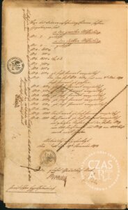 Druga strona XIX-wiecznego dokumentu hipotecznego sporządzonego w języku niemieckim, zapisana odręcznie ozdobnym pismem kancelaryjnym na pożółkłym, postarzonym papierze. Na stronie widoczna jest lista wpisów i kwot zapisanych w kolejnych pozycjach, a także adnotacje urzędowe na marginesach. Dokument zawiera okrągłe pieczęcie urzędowe z pruskim orłem oraz ślady dawnych złożeń i zszycia sznurkiem. Papier nosi liczne ślady zużycia, zagięcia i drobne uszkodzenia na brzegach. W prawym dolnym rogu znajduje się znak wodny „CZAS A.R.T.