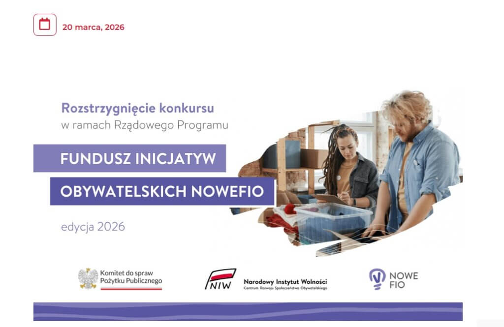 Rozstrzygnięcie konkursu Fundusz Inicjatyw Obywatelskich NOWEFIO 2026 – grafika informacyjna z datą 20 marca 2026, logotypami Komitetu do spraw Pożytku Publicznego i NIW oraz zdjęciem dwóch osób pracujących przy projekcie warsztatowym.