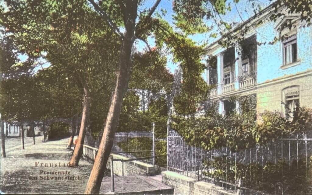 Willa Kunith we Wschowie przy ul. Obrońców Warszawy – elewacja frontowa z widocznym ogrodzeniem i drzewami wzdłuż ulicy, stan współczesny.