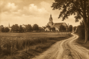 Na fotografii widoczny jest rozległy, wiejski krajobraz utrzymany w stylistyce starego zdjęcia z początku XX wieku. Cały obraz ma ciepłą, sepiową kolorystykę przypominającą archiwalne fotografie wykonywane w latach 20. XX wieku. Zdjęcie posiada wyraźne ziarno, delikatne przetarcia i nierównomierne przyciemnienia charakterystyczne dla dawnych odbitek fotograficznych. Kompozycja przedstawia szeroką, piaszczystą drogę biegnącą od dolnej prawej części obrazu w kierunku centrum miejscowości położonej w oddali. Droga jest nierówna, z widocznymi koleinami po kołach wozów lub pojazdów. Jej łagodnie zakrzywiony przebieg prowadzi wzrok odbiorcy w stronę zabudowań wiejskich. Po lewej stronie fotografii znajduje się otwarta przestrzeń pól i łąk porośniętych dziką roślinnością. Widoczne są wysokie trawy i polne kwiaty. Dalej, na horyzoncie, rozciąga się panorama niewielkiej miejscowości z niską zabudową mieszkalną i gospodarczą. Centralnym elementem krajobrazu jest duży kościół z wysoką wieżą zwieńczoną hełmem i krzyżem. Budowla góruje nad pozostałymi zabudowaniami i stanowi dominantę całej kompozycji. Wokół kościoła rozmieszczone są niewielkie domy o stromych dachach, częściowo ukryte pomiędzy drzewami. Po prawej stronie kadru rośnie duże drzewo o rozłożystej koronie. Jego pień znajduje się przy samej krawędzi obrazu, a konary rozciągają się nad drogą, tworząc naturalną ramę kompozycyjną. Wzdłuż drogi widoczne są także drewniane słupy energetyczne lub telefoniczne charakterystyczne dla dawnej infrastruktury wiejskiej. Niebo jest jasne, lekko zamglone, z rozproszonymi chmurami. Całość sprawia wrażenie spokojnego, nostalgicznego widoku dawnej wsi i podkreśla historyczny charakter krajobrazu kulturowego regionu. Obraz nie zawiera ludzi, pojazdów ani współczesnych elementów infrastruktury.