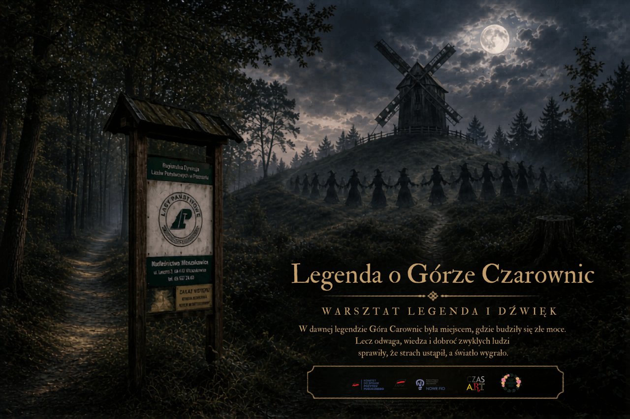 Kolorowy plakat wygenerowane przez AI przedstawiające ciemny las z którego wyłania się Wzgórze z Wiatrakiem wokół którego postacie tańczą