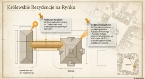 Rycina- opracowanie własne na podstawie materiałów historycznych, wizualizacja wygenerowana z użyciem AI. Rysunek przedstawiający rzut z góry na kamienicę na rynku połączone przejściem z ratuszem